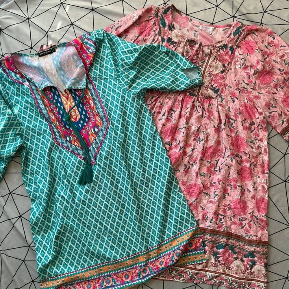 Bundle of 2 boho dresses, size M, pink and teal